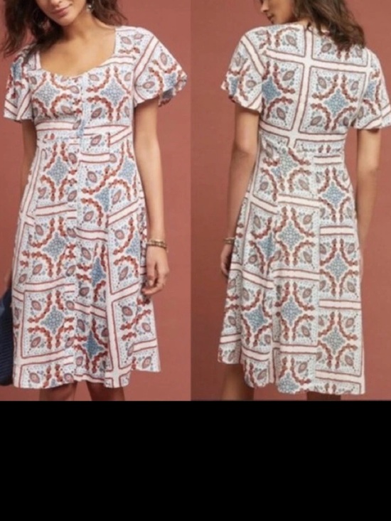 Anthropologie Dresses & Skirts - Anthropologie White Midi Dress with Rust and Light Blue Pattern